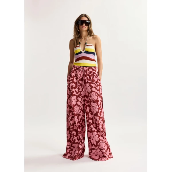 Essentiel Antwerp Pink and dark red wide-leg pants with contrast stitching, view 2