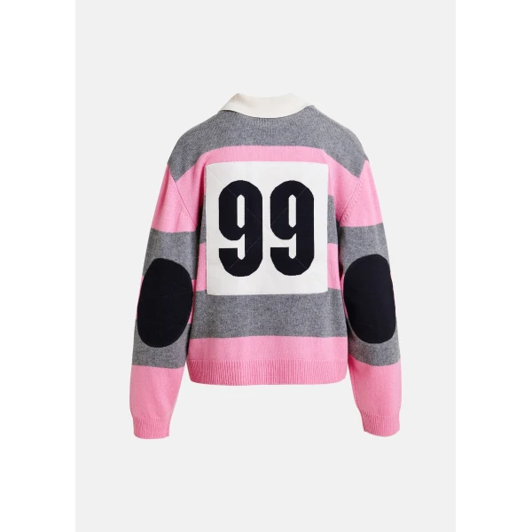 Essentiel Antwerp Pink and grey striped wool and cashmere blend polo with appliqué patch Knit, view 2