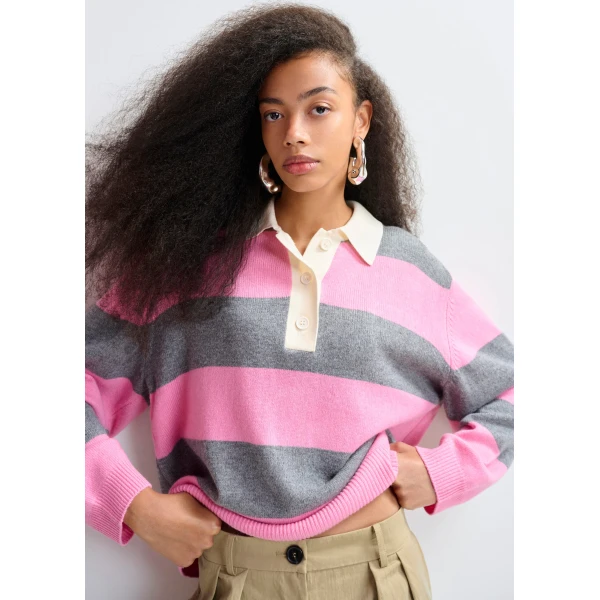 Essentiel Antwerp Pink and grey striped wool and cashmere blend polo with appliqué patch Knit, view 3