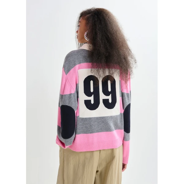 Essentiel Antwerp Pink and grey striped wool and cashmere blend polo with appliqué patch Knit, view 4