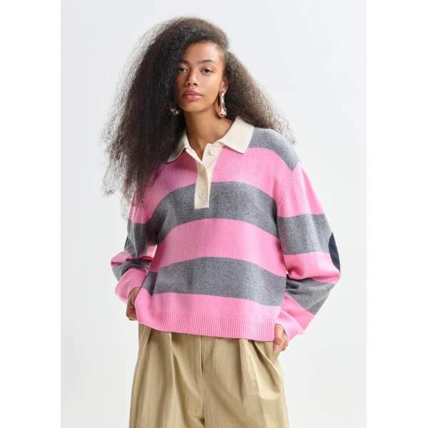 Essentiel Antwerp Pink and grey striped wool and cashmere blend polo with appliqué patch Knit, view 5