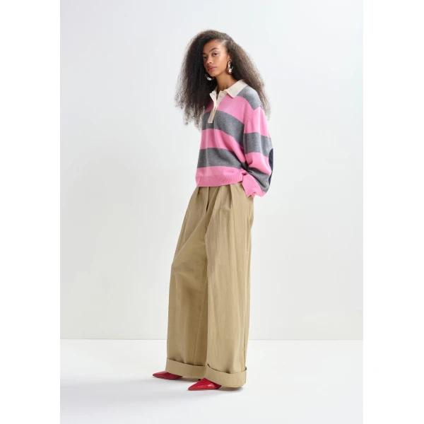 Essentiel Antwerp Pink and grey striped wool and cashmere blend polo with appliqué patch Knit, view 6