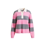 Essentiel Antwerp Pink and grey striped wool and cashmere blend polo with appliqué patch Knit