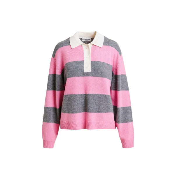 Essentiel Antwerp Pink and grey striped wool and cashmere blend polo with appliqué patch Knit