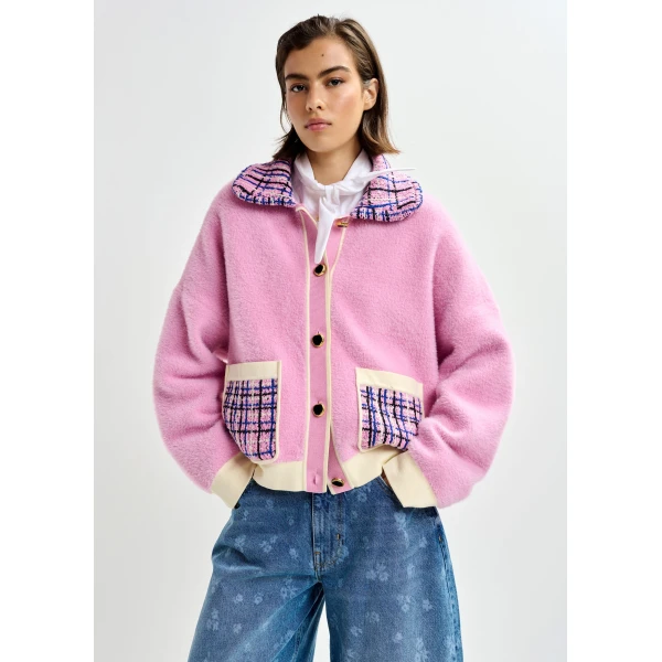 Essentiel Antwerp Pink and off-white textured cardigan with contrast blue and black tweed collar and patch pockets, view 2