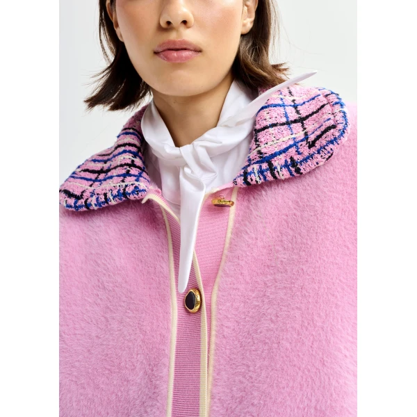 Essentiel Antwerp Pink and off-white textured cardigan with contrast blue and black tweed collar and patch pockets, view 3