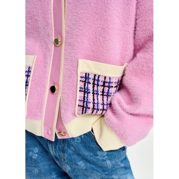 Essentiel Antwerp Pink and off-white textured cardigan with contrast blue and black tweed collar and patch pockets, view 4