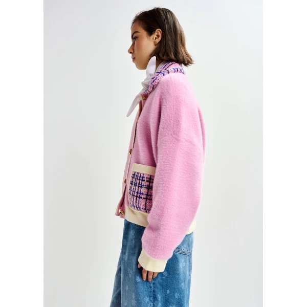 Essentiel Antwerp Pink and off-white textured cardigan with contrast blue and black tweed collar and patch pockets, view 5