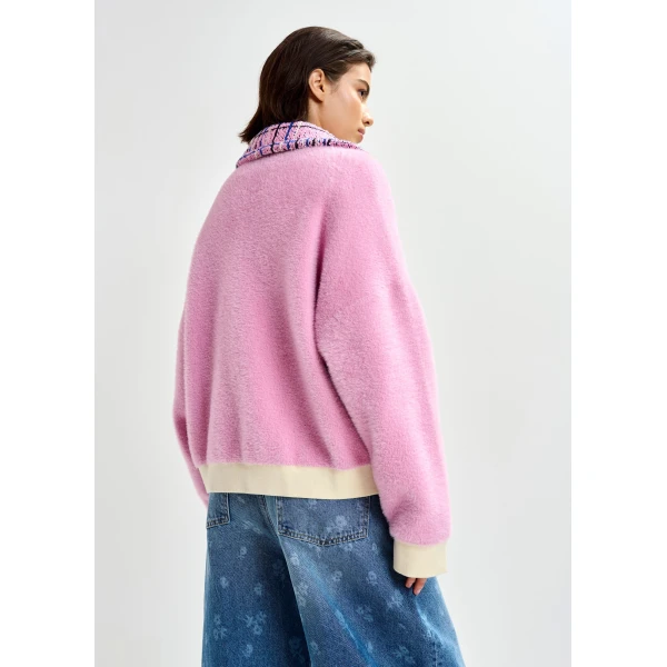 Essentiel Antwerp Pink and off-white textured cardigan with contrast blue and black tweed collar and patch pockets, view 6