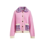 Essentiel Antwerp Pink and off-white textured cardigan with contrast blue and black tweed collar and patch pockets