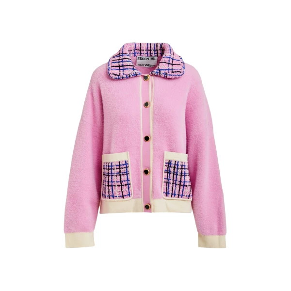 Essentiel Antwerp Pink and off-white textured cardigan with contrast blue and black tweed collar and patch pockets
