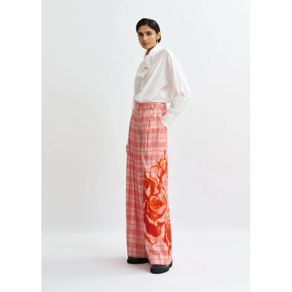 Essentiel Antwerp Pink and red checked wide-leg pants with placed print, view 2