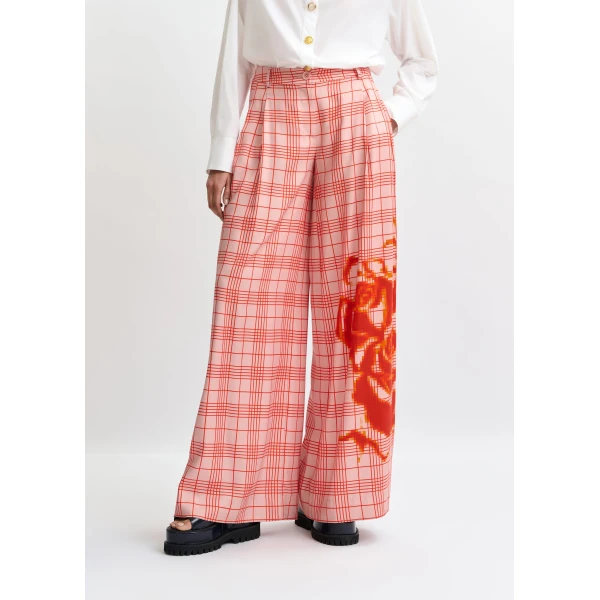 Essentiel Antwerp Pink and red checked wide-leg pants with placed print, view 3