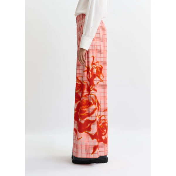 Essentiel Antwerp Pink and red checked wide-leg pants with placed print, view 4