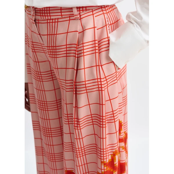 Essentiel Antwerp Pink and red checked wide-leg pants with placed print, view 5