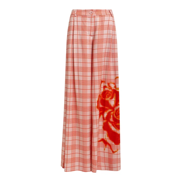 Essentiel Antwerp Pink and red checked wide-leg pants with placed print