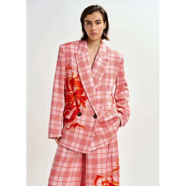 Essentiel Antwerp Pink and red double-breasted blazer with placed pixel print, view 2