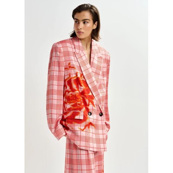 Essentiel Antwerp Pink and red double-breasted blazer with placed pixel print, view 3