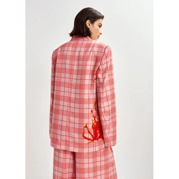Essentiel Antwerp Pink and red double-breasted blazer with placed pixel print, view 4