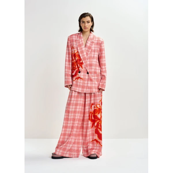 Essentiel Antwerp Pink and red double-breasted blazer with placed pixel print, view 5