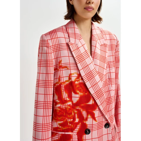Essentiel Antwerp Pink and red double-breasted blazer with placed pixel print, view 6