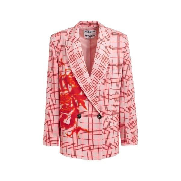 Essentiel Antwerp Pink and red double-breasted blazer with placed pixel print