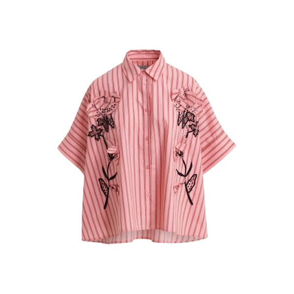 Essentiel Antwerp Pink and red oversized cotton shirt with floral appliqué embroidery and bead embellishments