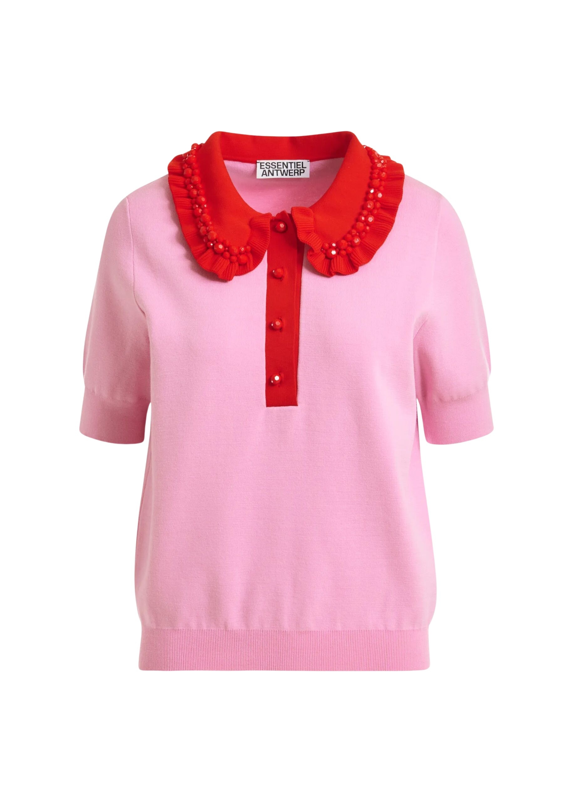 Pink and red ruffle fine-knit polo top with bead embellishments