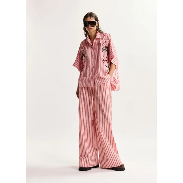 Essentiel Antwerp Pink and red striped cotton wide-leg pants, view 2