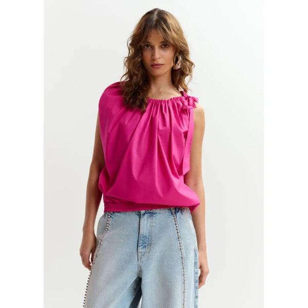 Essentiel Antwerp Pink asymmetric top with neck tie ribbon, view 3