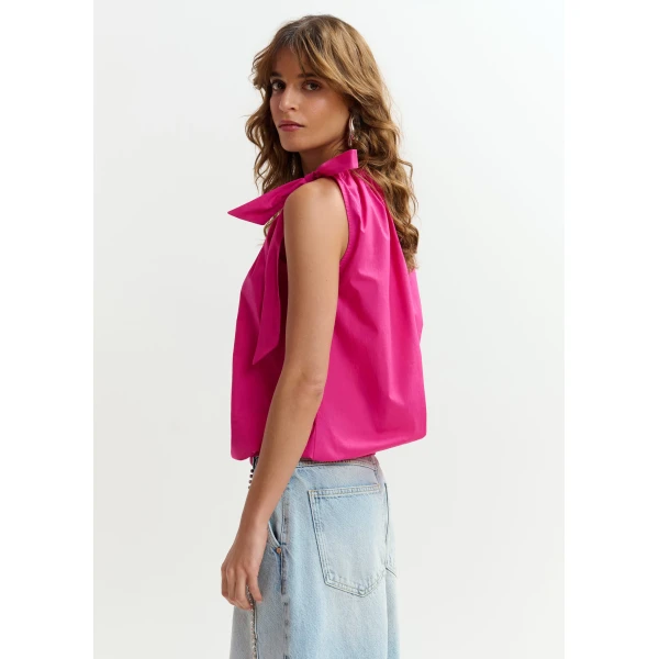 Essentiel Antwerp Pink asymmetric top with neck tie ribbon, view 4