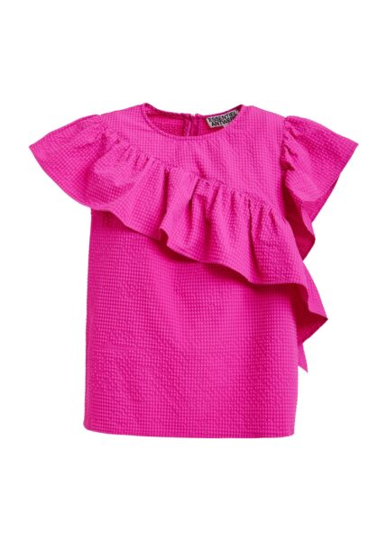 Pink asymmetrical top with ruffle details