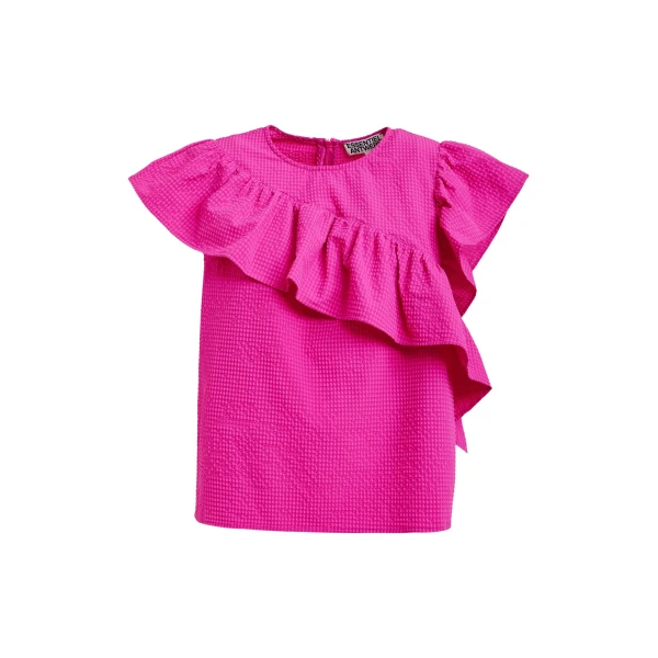 Pink asymmetrical top with ruffle details