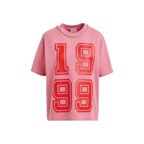 Pink cotton T-shirt with rhinestone embellished neckline and red numeric print
