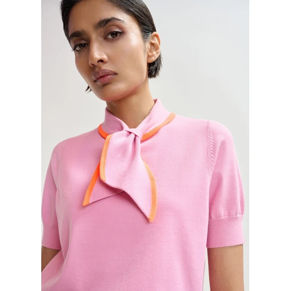 Essentiel Antwerp Pink fine-knit polo with orange scarf-like contrast collar Top, view 2