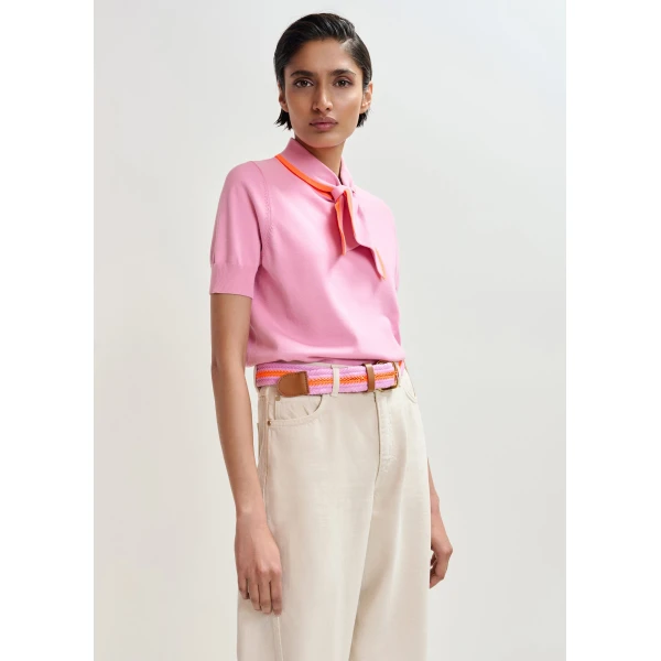 Essentiel Antwerp Pink fine-knit polo with orange scarf-like contrast collar Top, view 3
