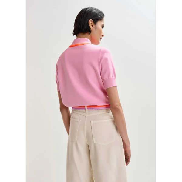 Essentiel Antwerp Pink fine-knit polo with orange scarf-like contrast collar Top, view 4