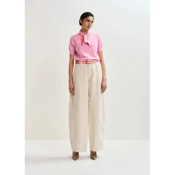 Essentiel Antwerp Pink fine-knit polo with orange scarf-like contrast collar Top, view 5