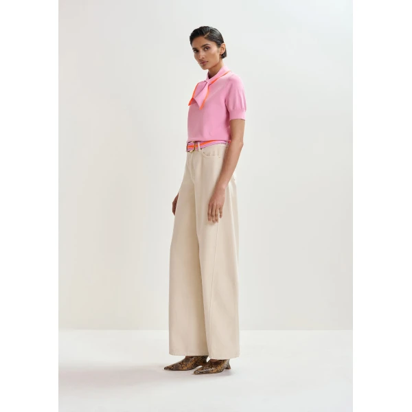 Essentiel Antwerp Pink fine-knit polo with orange scarf-like contrast collar Top, view 6