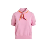 Essentiel Antwerp Pink fine-knit polo with orange scarf-like contrast collar Top