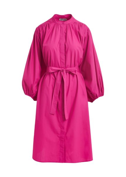 Pink knee-length shirt dress with mandarin collar