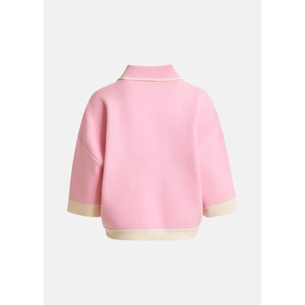 Essentiel Antwerp Pink knit cardigan with flower buttons and off-white contrasting trims, view 3