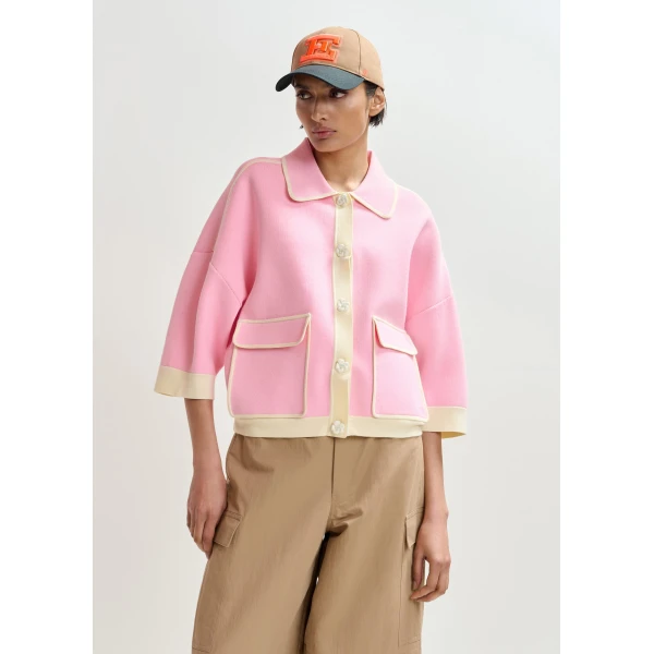 Essentiel Antwerp Pink knit cardigan with flower buttons and off-white contrasting trims, view 4