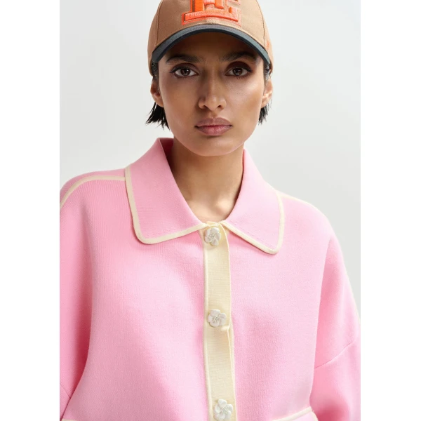 Essentiel Antwerp Pink knit cardigan with flower buttons and off-white contrasting trims, view 5