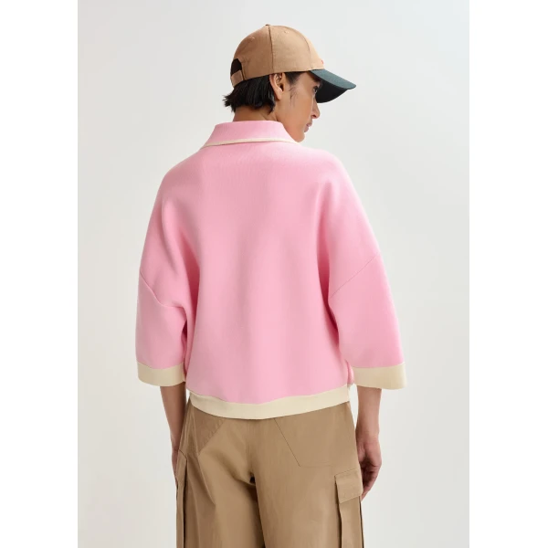 Essentiel Antwerp Pink knit cardigan with flower buttons and off-white contrasting trims, view 6