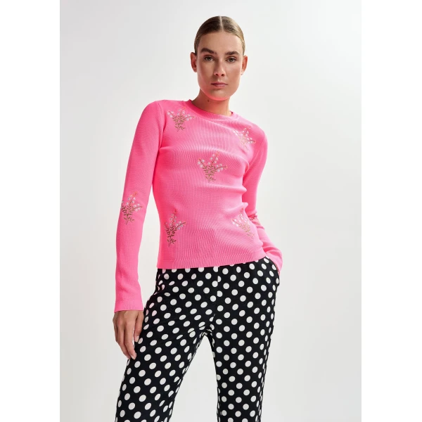 Essentiel Antwerp Pink knitted sweater with floral embroideries, view 2