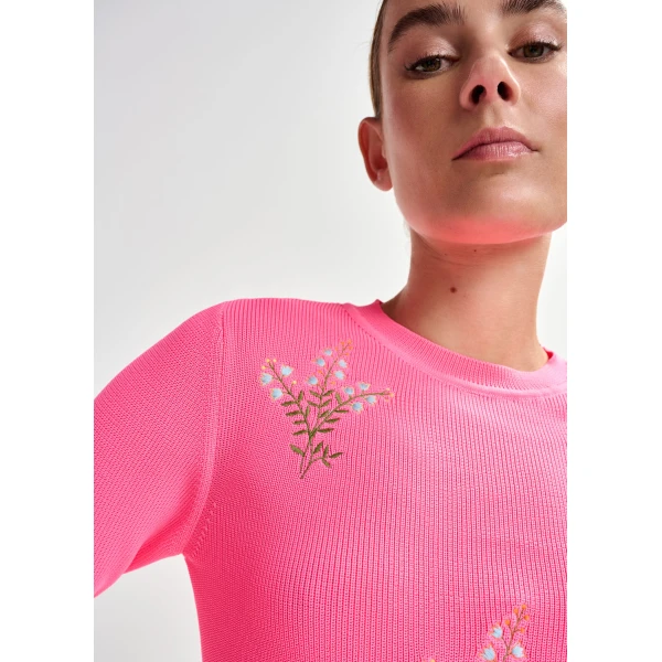 Essentiel Antwerp Pink knitted sweater with floral embroideries, view 3