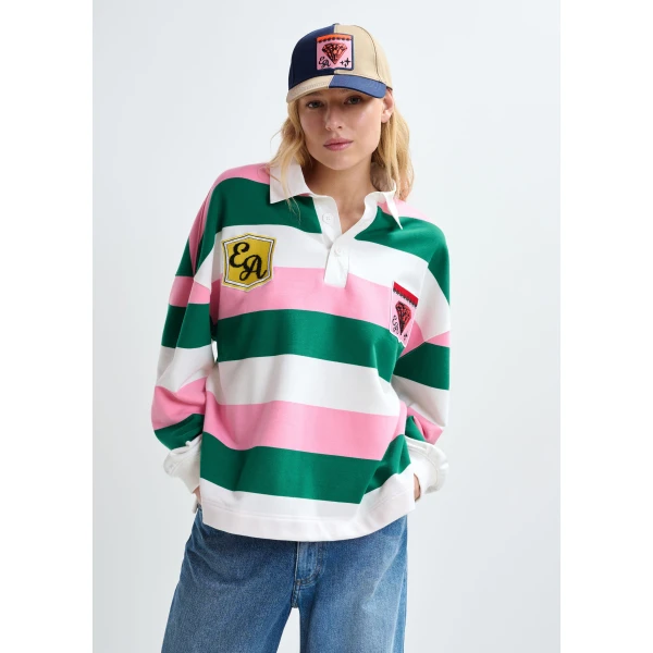 Essentiel Antwerp Pink, off-white and dark green striped cotton-blend polo with appliqué patches Top, view 2