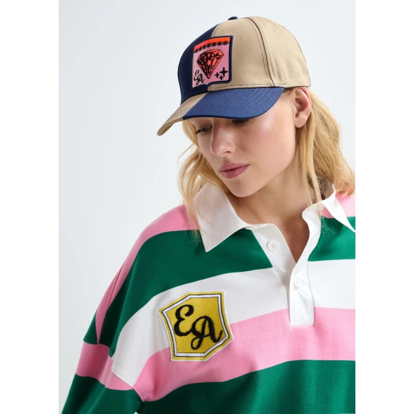 Essentiel Antwerp Pink, off-white and dark green striped cotton-blend polo with appliqué patches Top, view 3