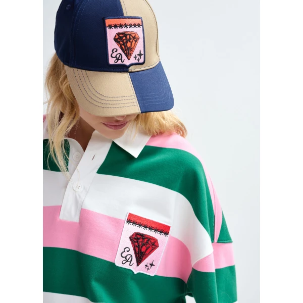 Essentiel Antwerp Pink, off-white and dark green striped cotton-blend polo with appliqué patches Top, view 4